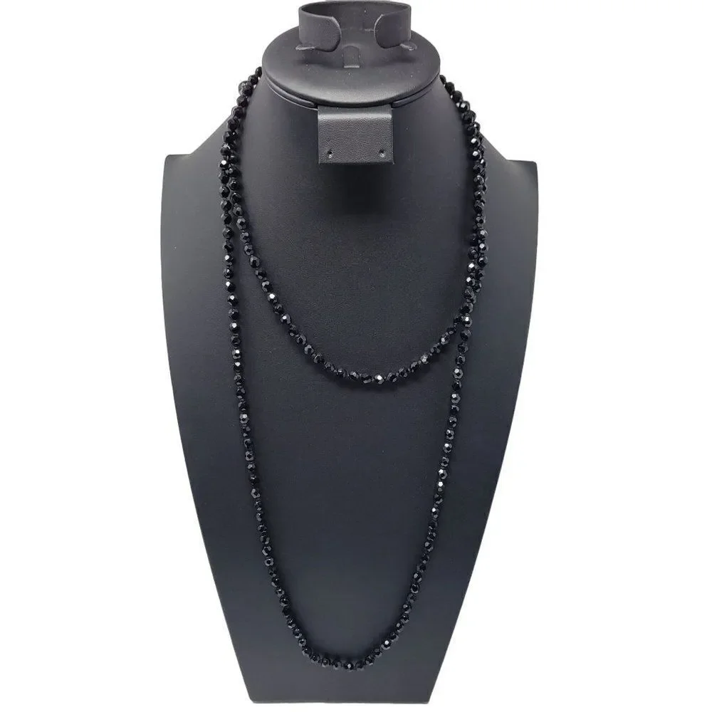 Vintage Signed Austrian Black Glass Beaded Flapper‎ Necklace Oblong Bicone Long